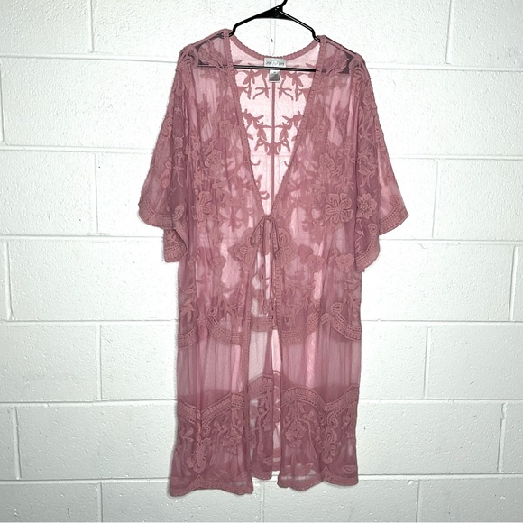 June & Ivy Sweaters - < June & Ivy Pink Lace Duster Kimono Cardigan >